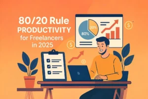 Illustration representing the 80/20 rule productivity for freelancers with efficient workflow and time management icons