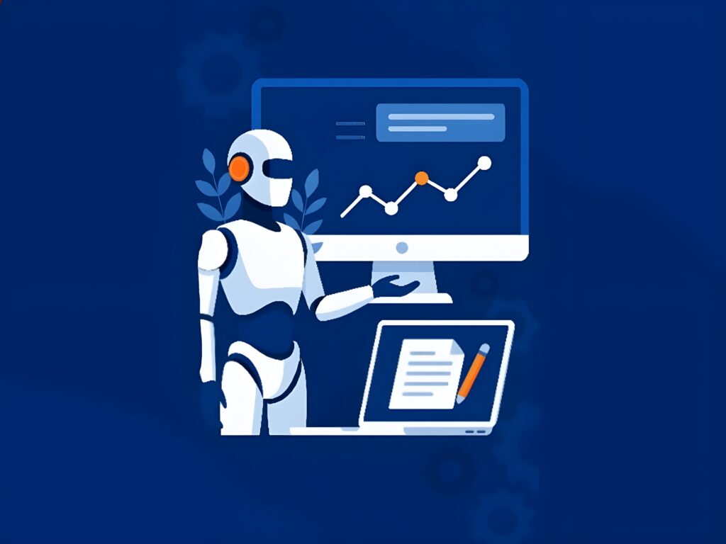 Illustration of a freelancer using AI tools on a laptop in a modern digital workspace