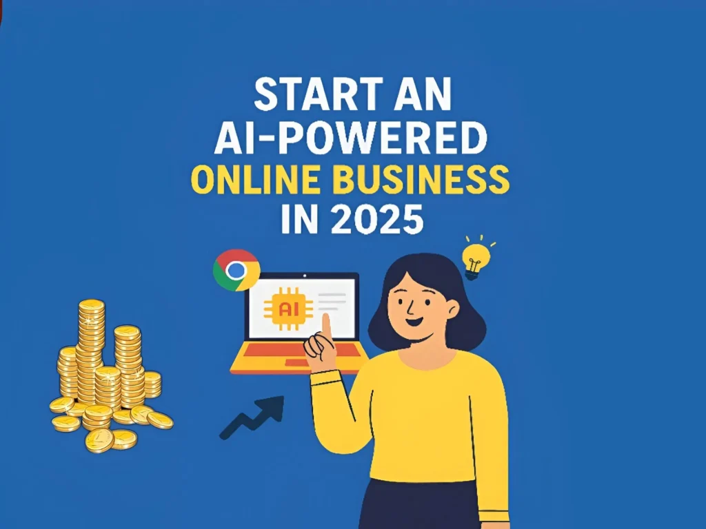 Illustration of a person building an AI-powered online business using digital tools in 2025