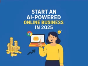 Illustration of a person building an AI-powered online business using digital tools in 2025