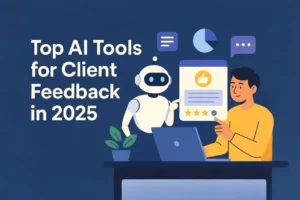 Illustration of a freelancer using AI tools for client feedback with a robot assistant and a feedback form on screen