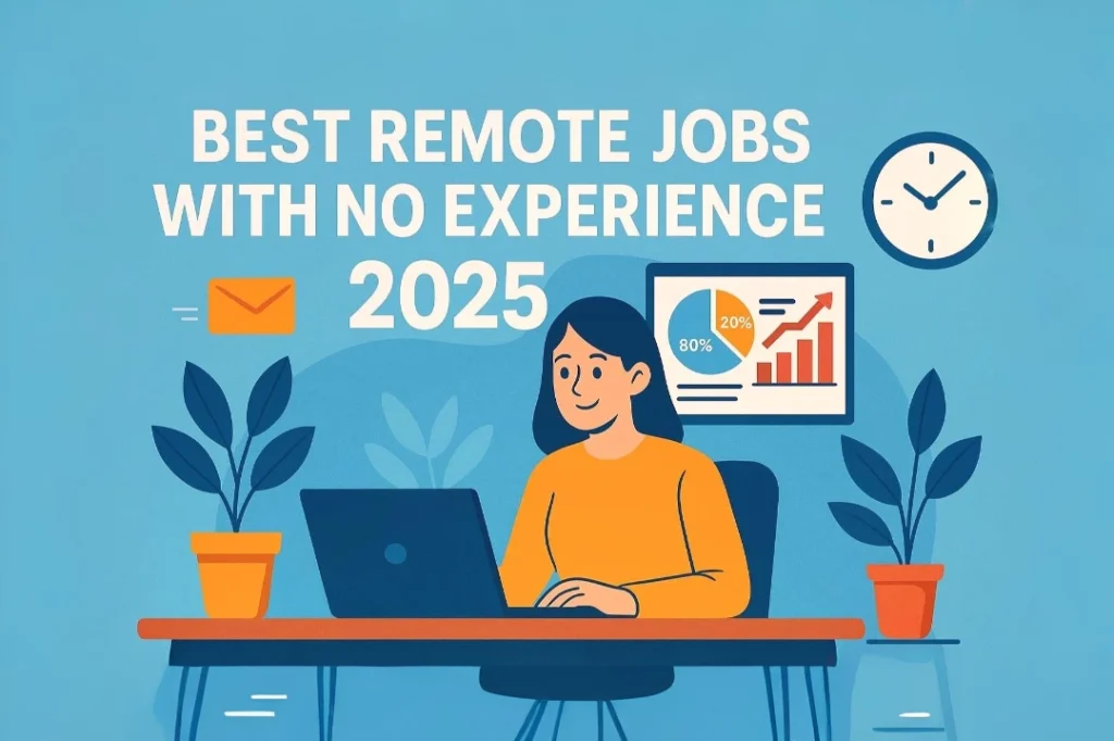 Illustration of a remote worker using a laptop with charts and job icons, promoting best remote jobs with no experience in 2025