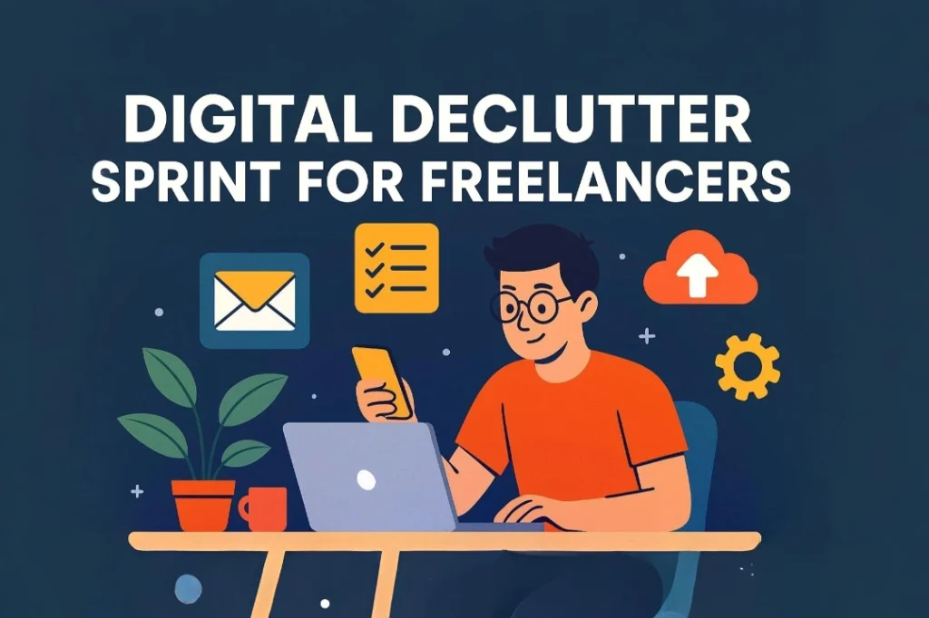 Digital declutter for freelancers illustration showing a clean workspace and organized digital tools in 2025