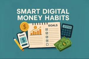 Illustration representing smart digital money habits, financial tools, and savings tips for 2025.