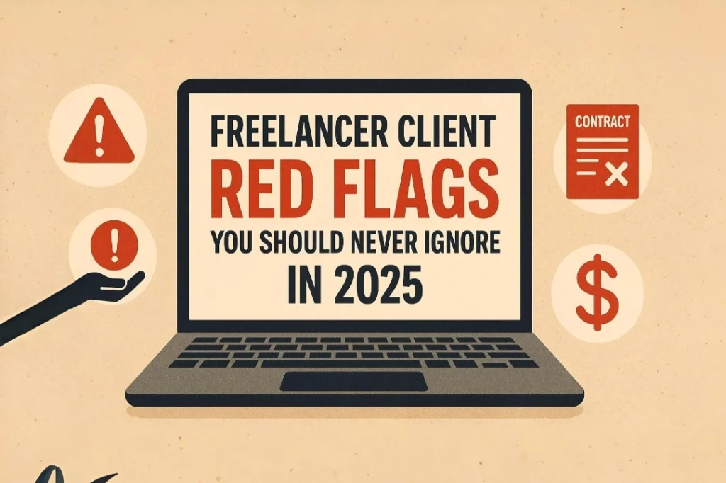 Illustration of freelancer client red flags in 2025 – horizontal infographic for identifying problematic clients.