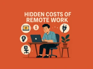 Remote worker at desk with bills and gadgets, illustrating hidden costs of remote work in 2025.