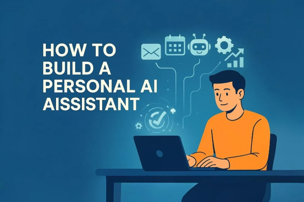 Illustration showing steps on how to build a personal AI assistant in 2025, with digital tools and productivity icons