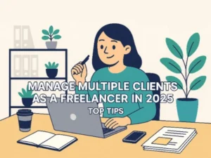 Illustration of a remote worker using productivity tools to manage multiple clients as a freelancer in 2025
