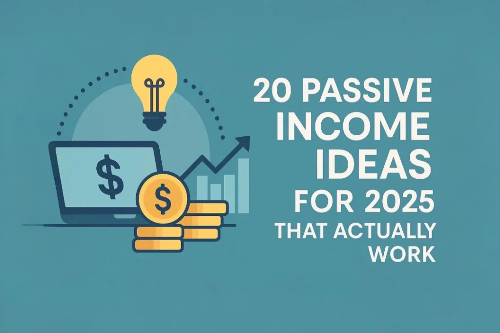 Illustration showing digital passive income ideas for 2025, including AI tools, online business, and investing
