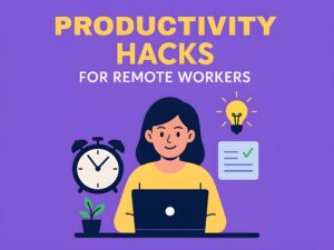 Illustration of productivity hacks for remote workers in 2025 with modern flat design and purple background