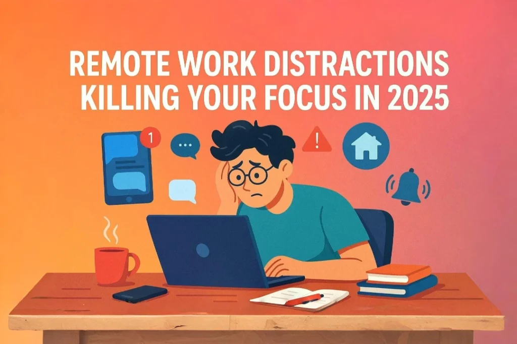 Illustration showing common remote work distractions and productivity strategies in 2025