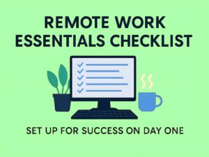 Illustration showing a remote work setup with desk, laptop, and tools for productivity in 2025